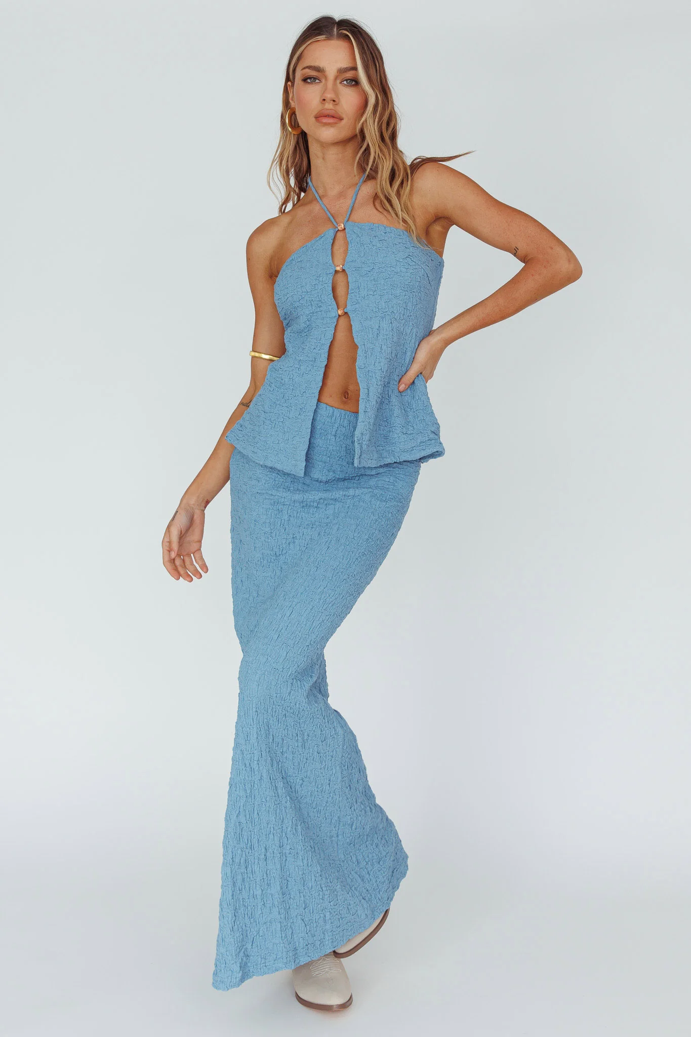 Textured Midi Skirt Blue